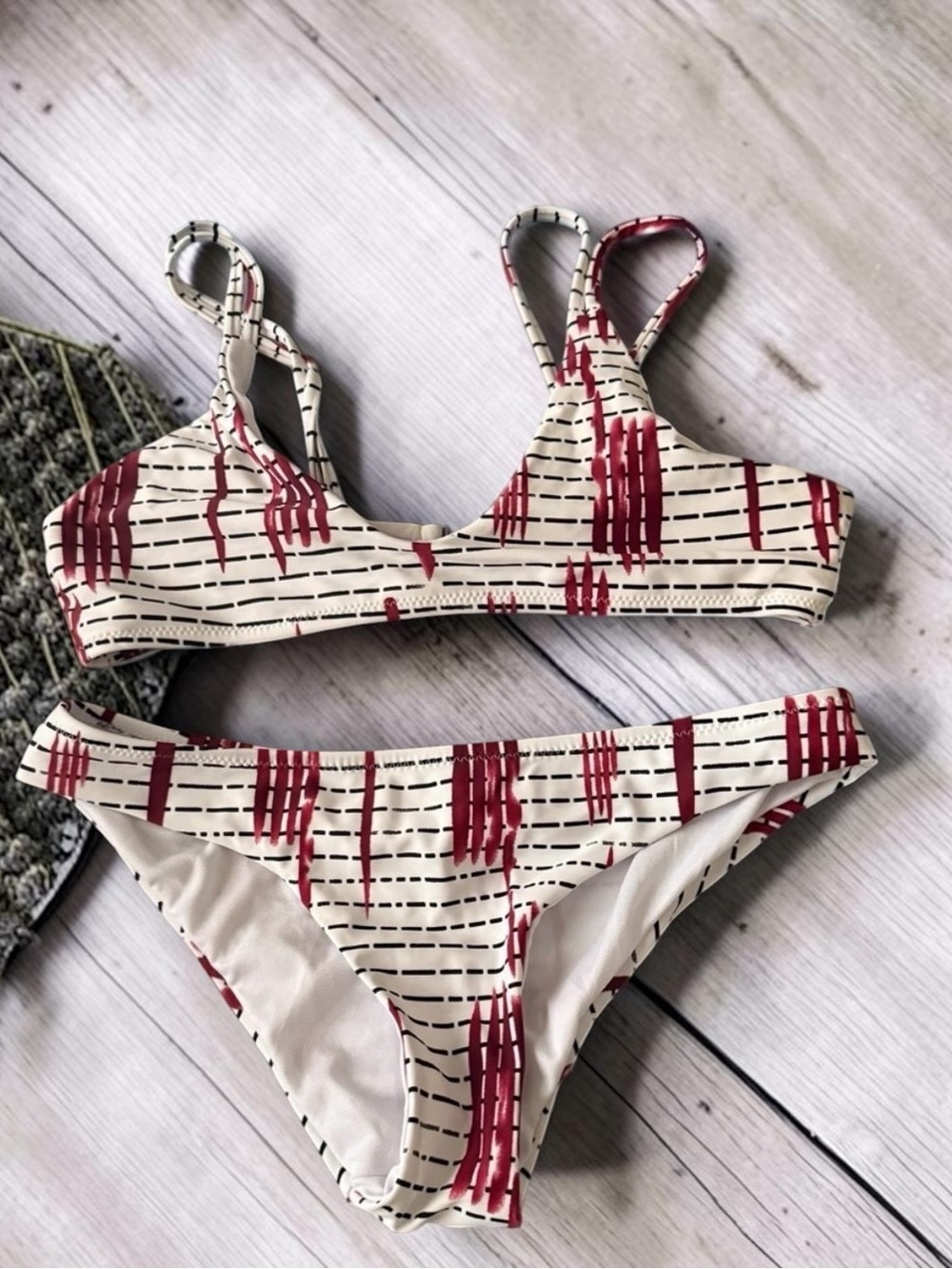 SHEIN white Bikini Set with Burgundy Print